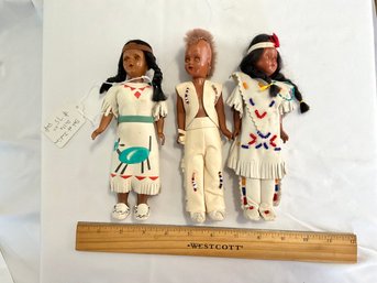 3 Vintage Native American Indian 7.5 Inch Dolls With Papooses Hard Plastic Sleepy Eyes