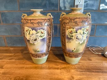 Set Of 2 Antique Vintage Double Handle, MM Hand Painted Amphora Style Porcelain Vase