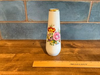Bavarian Vase Vintage, Colorful Flowers, White Porcelain, Gold Trim, 7 Inch H
