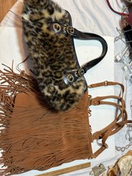 Lot Of Two Vintage Handbag Purses Faux Leopard Magnetic Close And Boho Fringe Suede