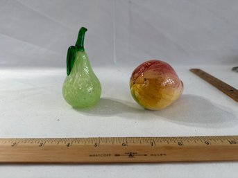 LOT OF 2 HAND BLOWN GLASS LARGE GREEN SPOTTED PEAR AND CERAMIC PEAR