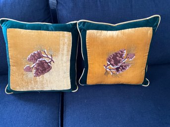 Lot Of 2 Green And Gold Throw Pillows With Pinecones