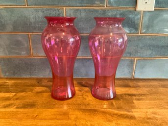 Set Of 2 Vintage Cranberry Glass Pretty Pink Vases