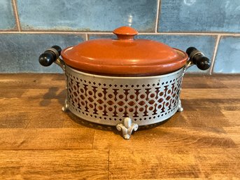 1930's, Weller, Oval, Casserole Crock Pot, Covered, Wood Handles, Metal Base, Pottery