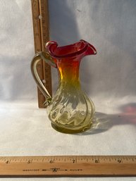Vintage Amberina Small Glass Pitcher With Handle Swirl Ruffle
