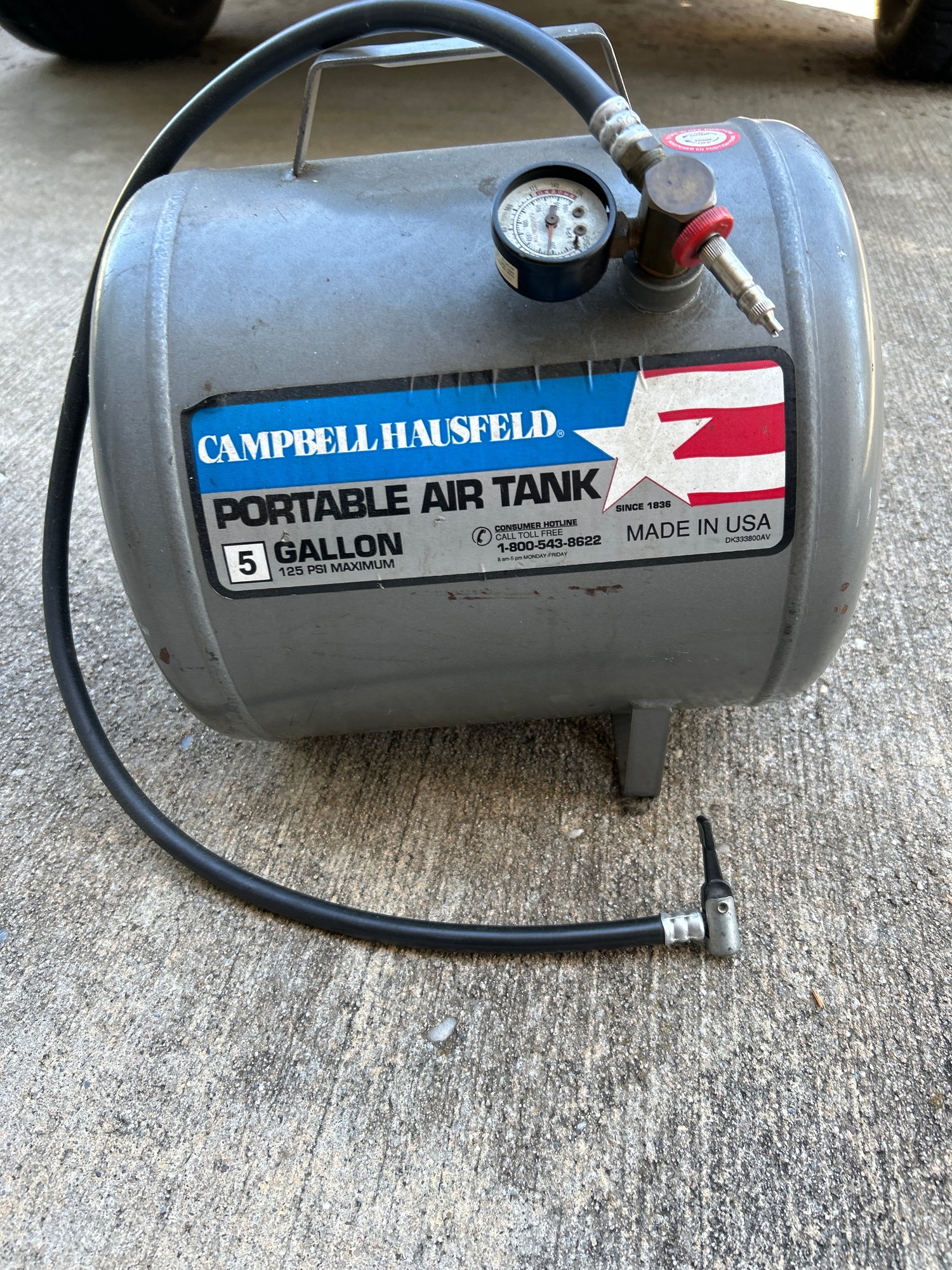 Ascot 5 Gallon Portable Air Tank - 125 PSI Max, With 4ft Hose, Ball Foot Chuck & Drain Valve