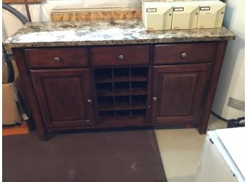 Beautiful Marble Top Dark Wood Buffet With Wine Shelves