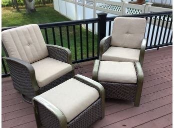 2 Outdoor Wicker Chairs And Ottomans With Cushions