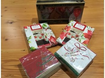 Christmas Lot Plastic Wine Glasses, Tablecloth's And Napkins