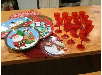 Christmas Lot Plastic Trays And Wine Glasses