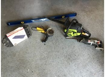 Lot Of Tools Poulon Chain Saw Level Sawsall And More