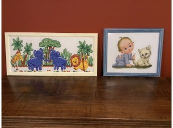 2 X Framed Needlepoint Nursery Wall Art