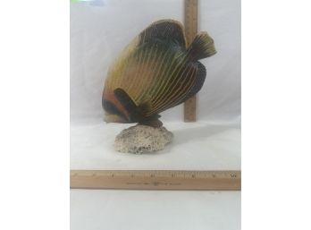 Vintage Wood Carved Painted Emperor Angelfish Mounted On Coral