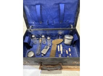 Ladies Antique Travel Vanity Set In Original Case, Silver Tops Glass, Incomplete Missing Mirror See Photos