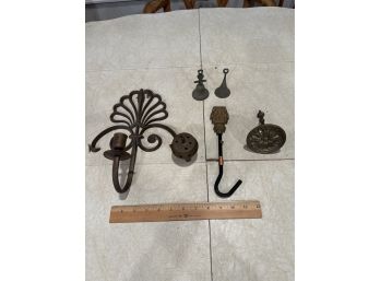 Vintage Antique Brass Lot Of Small Items Hook, Bell, Incense Burner, Sconce
