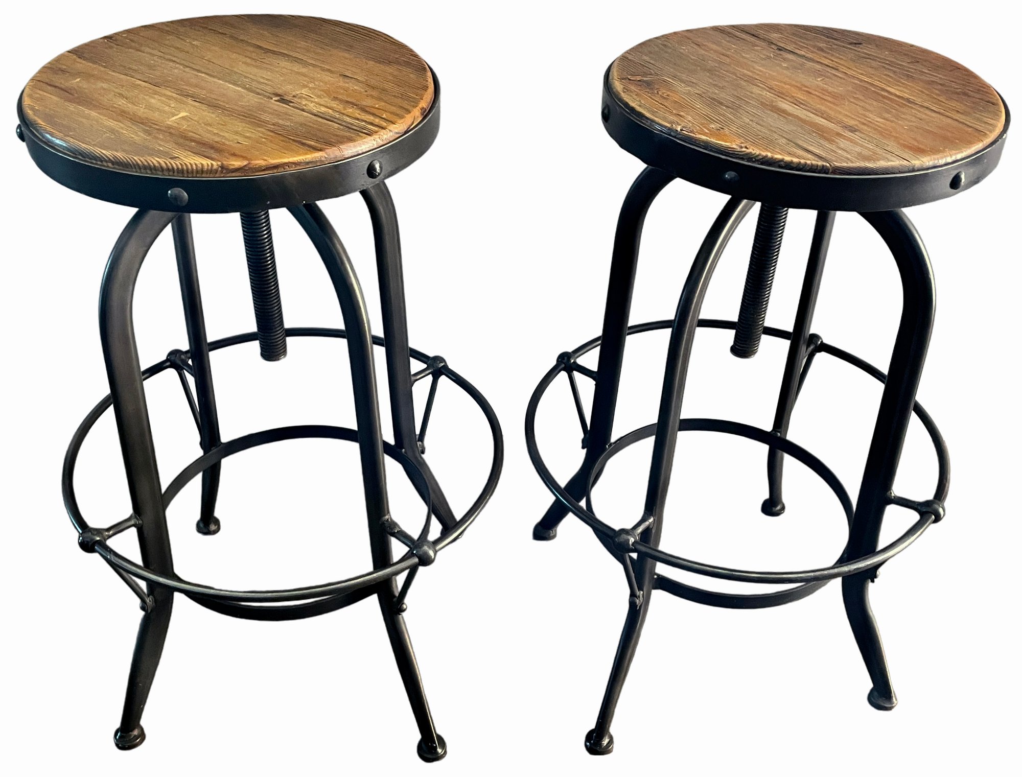 2 Adjustable Industrial Style Wood Top Stools #25585 | Auctionninja.com