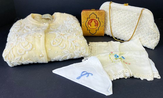 Vintage Beaded Handbag, Handmade Sweater, Russian Cigarette Holder & Handkerchiefs