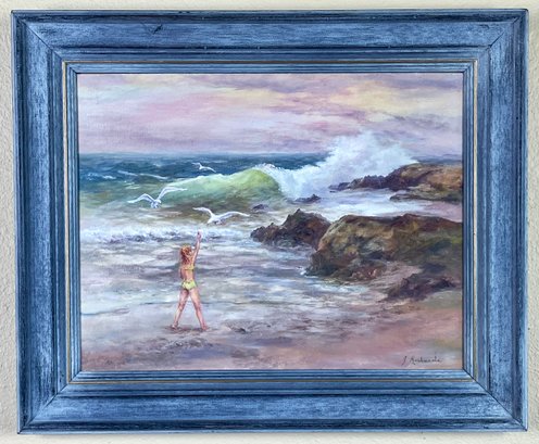 Original Signed Vintage Beach Girl Painting
