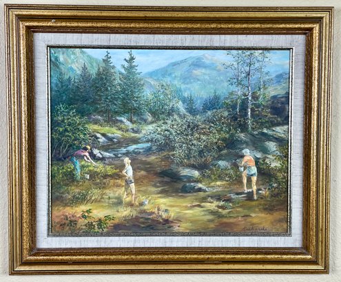 Original Signed Vintage Forest Foraging Painting