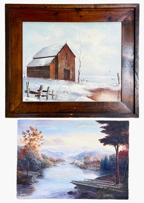 2 Original Landscape Paintings On Canvas & Board