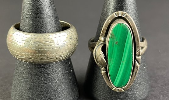 2 Sterling Rings One With Malachite Stone