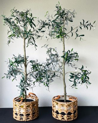 2 Faux Potted Trees In Woven Baskets