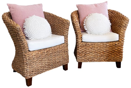 2 Woven Natural Fiber Armchairs & Pillows