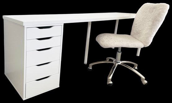Long White Ikea Linnmon / Adils Desk & Pottery Barn Teen Faux Fur Rolling Desk Chair