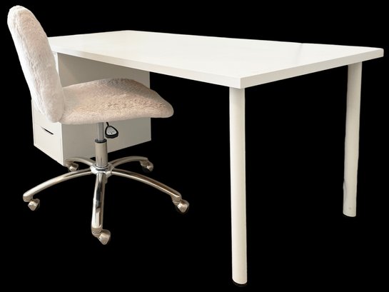 White Ikea Linnmon / Adils Desk & Pottery Barn Teen Faux Fur Rolling Desk Chair