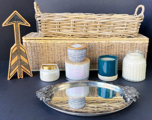 Home Decor - Scented Candles, Wooden Arrow, Mirrored Tray & 2 Woven Baskets