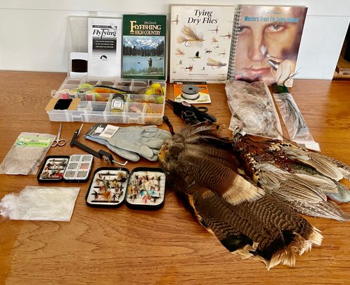 Fly Fishing Books, Flies, & Fly Making Supplies Including 2 Bird Wings