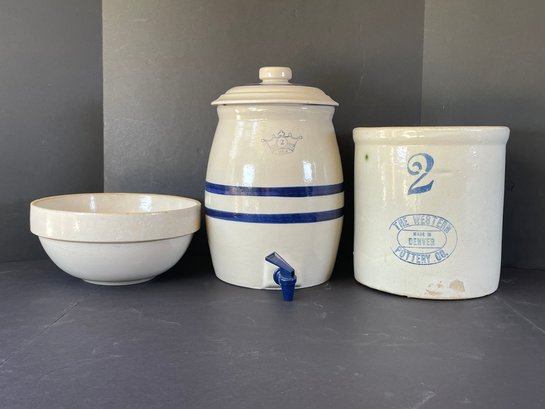 Vintage Stoneware Lot- Western Pottery Co. Salt Glaze Crock, Drink Dispenser & Large Bowl