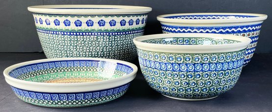 4 Beautiful Polish Pottery Stoneware Nesting Bowls With Coordinating Pie Dish