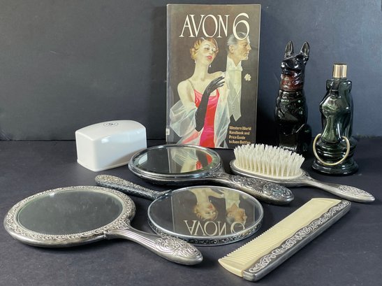 Antique & Vintage Beauty Lot- Silver Plated Hairbrush & Mirrors, Avon Perfumes & Catalogue, Chanel Soap Box