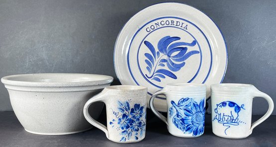 Signed Concordia Pottery Plate, 1996 Pottery Bowl & 3 Signed Mugs
