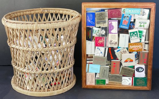 Large Lot Of Vintage Matches In Woven Basket & Frame