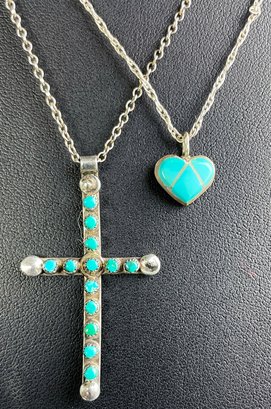 Petit Point Turquoise Cross And Turquoise Inlay Heart On Chains