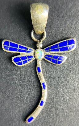 Gorgeous Lapis, Opal, And Sterling Dragonfly Pendant