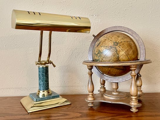 Brass And Stone Desk Lamp With Small Wood Globe