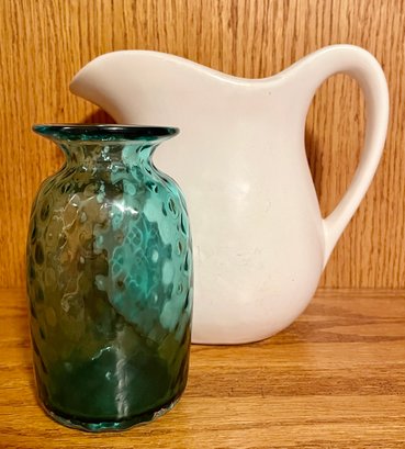 Mccoy White Pitcher & Pretty Blue Art Glass Vase