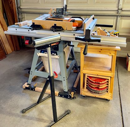 Delta 10' Professional Table Saw With All Sorts Of Accessories, Side Table, And Blades, All On Wheels