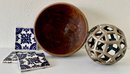 Danish Wood Bowl, Metal Sphere, & Tiles