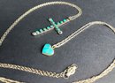 Petit Point Turquoise Cross And Turquoise Inlay Heart On Chains