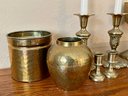 Brass Candlesticks, Vessels, & 4 Goblets