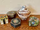Assorted Trinket Boxes Including Slag Glass, Brass, & Russian Lacquer