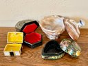 Assorted Trinket Boxes Including Slag Glass, Brass, & Russian Lacquer
