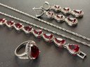 Sterling And Garnet Necklace, Earrings, Ring, And Bracelet