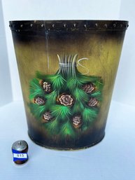 Striking Hand Painted Waste Basket With Pine Cones