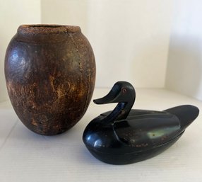 African Vase & Wood Carved Duck Box