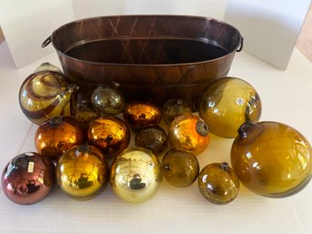 Metal Handle Tub Filled With Mercury Glass & Handblown Glass Balls